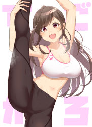 Rule 34 | 1girl, :d, abs, absurdres, armpits, bare shoulders, black pants, breasts, brown eyes, brown hair, commentary request, haibarasaika, highres, idolmaster, idolmaster shiny colors, large breasts, leg lift, leg up, leggings, looking at viewer, midriff, navel, open mouth, pants, smile, solo, spaghetti strap, split, sports bra, standing, standing on one leg, standing split, sweat, tank top, tsukioka kogane, white background