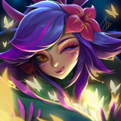 Rule 34 | ;p, eyelashes, flower, hair flower, hair ornament, jz, league of legends, looking at viewer, monster girl, neeko (league of legends), one eye closed, portrait, reptile girl, slit pupils, solo, tongue, tongue out, yellow eyes