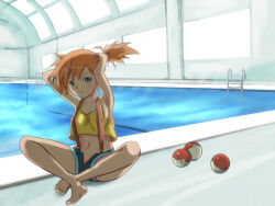 Rule 34 | 1girl, barefoot, creatures (company), denim, denim shorts, fixing hair, frown, game freak, gym leader, looking at viewer, misty (pokemon), nintendo, orange hair, poke ball, pokemon, pokemon (anime), pokemon (classic anime), pool, red suspenders, short shorts, shorts, sitting, solo, suspenders, tank top, toes, unzipped, yellow tank top