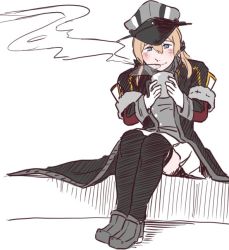 Rule 34 | 1girl, anchor hair ornament, betchan, black thighhighs, blonde hair, blue eyes, blush, closed mouth, coat, commentary, cup, full body, gloves, hair between eyes, hair ornament, hat, holding, holding cup, kantai collection, long sleeves, low twintails, military, military hat, military uniform, peaked cap, pleated skirt, prinz eugen (kancolle), shoes, simple background, sitting, skirt, smile, steam, thighhighs, twintails, uniform, white background, white gloves, white skirt