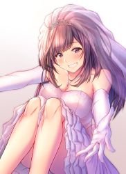 Rule 34 | 1girl, absurdres, bare shoulders, blush, breasts, brown eyes, brown hair, cleavage, collarbone, dress, gloves, highres, idolmaster, idolmaster shiny colors, jewelry, keffiy, knees up, large breasts, long hair, necklace, outstretched arms, ring, sitting, smile, solo, teeth, tiara, tsukioka kogane, veil, wedding dress