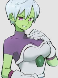 Rule 34 | 1girl, bodysuit, breasts, cheelai, colored skin, dragon ball, dragon ball super, gloves, green skin, grey background, kemachiku, looking at viewer, medium breasts, pink eyes, purple bodysuit, short hair, simple background, smile, solo, upper body, white gloves, white hair