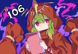 Rule 34 | 1girl, book, closed mouth, fire emblem, fire emblem: mystery of the emblem, fire emblem heroes, green hair, holding, holding book, hood, hood up, juria0801, nintendo, red eyes, solo, tiara, tiki (fire emblem), tiki (young) (fire emblem), twitter username, upper body