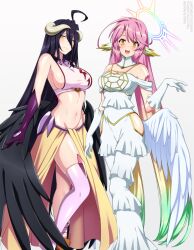 Rule 34 | 2girls, :d, ahoge, albedo (overlord), albedo (overlord) (cosplay), angel, angel wings, asymmetrical legwear, bare shoulders, black feathers, black hair, black wings, blonde hair, breasts, brown footwear, cleavage, closed mouth, collarbone, commentary, spiked halo, cosplay, costume switch, cropped shirt, crossover, demon girl, demon horns, demon wings, dress, elbow gloves, english commentary, feathered wings, feathers, gloves, gradient hair, green hair, groin, hair between eyes, halo, hand on own hip, highres, hip vent, horns, jibril (no game no life), jibril (no game no life) (cosplay), large breasts, lindaroze, long bangs, long dress, long hair, long skirt, looking at viewer, low wings, midriff, mismatched legwear, multicolored hair, multiple girls, navel, no game no life, open mouth, overlord (maruyama), pink hair, pink shirt, pink thighhighs, purple gloves, shirt, shoes, sideboob, sidelocks, simple background, single shoe, single thighhigh, skindentation, skirt, sleeveless, sleeveless shirt, slit pupils, smile, socks, standing, strapless, strapless dress, striped clothes, striped socks, tattoo, thighhighs, very long hair, watermark, web address, white background, white dress, white gloves, white horns, white wings, wing ears, wings, yellow eyes, yellow skirt