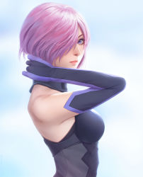 Rule 34 | 1girl, adjusting hair, arm up, elbow gloves, expressionless, fate/grand order, fate (series), from side, gloves, hair over one eye, highres, light purple hair, looking at viewer, mash kyrielight, miura-n315, purple eyes, realistic, short hair, simple background, sleeveless, solo, upper body