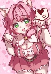 Rule 34 | 1girl, :3, animal ears, bell, belt, bent over, blush, breasts, cat ears, cat tail, center frills, cleavage, cowboy shot, frills, green eyes, hair intakes, hanazono hakari, heart, kimi no koto ga dai dai dai dai daisuki na 100-nin no kanojo, large breasts, medium hair, navel, neck bell, paw pose, pink hair, pink shirt, pink skirt, sano ikiro, shirt, skirt, solo, speech bubble, tail, wristband