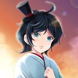 Rule 34 | 1girl, black hair, blue eyes, gradient background, hat, highres, japanese clothes, kantai collection, kimono, long sleeves, looking at viewer, matsukaze (kancolle), meiji schoolgirl uniform, mini hat, mini top hat, short hair, smile, solo, tk8d32, top hat, wavy hair
