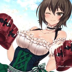 Rule 34 | 10s, 1girl, alcohol, alternate costume, beer, beer mug, black choker, blue sky, breasts, brown eyes, brown hair, choker, cleavage, closed mouth, cloud, cloudy sky, commentary, cup, day, dirndl, dress, dutch angle, emblem, frilled choker, frills, froth, german clothes, girls und panzer, green dress, holding, kari okome, looking at viewer, medium breasts, mug, nishizumi maho, one eye closed, outdoors, short hair, sky, smile, solo, standing, tankard, upper body