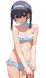 Rule 34 | 1girl, bare arms, bare shoulders, bikini, black hair, blue bikini, blush, braid, collarbone, commentary request, from behind, gin00, highres, idolmaster, idolmaster shiny colors, looking at viewer, morino rinze, parted lips, red eyes, simple background, solo, swimsuit, thighs, twin braids, white background