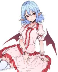Rule 34 | 1girl, blue hair, blush, breasts, center frills, choker, commentary, dress, feet out of frame, frilled choker, frilled dress, frilled shirt collar, frilled thighhighs, frills, head tilt, junior27016, looking at viewer, medium breasts, no headwear, pink dress, pointy ears, puffy short sleeves, puffy sleeves, red choker, red eyes, red ribbon, remilia scarlet, ribbon, short hair, short sleeves, simple background, sketch, smile, solo, thighhighs, thighs, touhou, white background, white thighhighs, zettai ryouiki