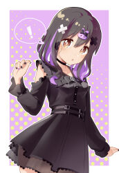 Rule 34 | !, 1girl, absurdres, alternate costume, alternate hairstyle, belt, black choker, black dress, black hair, black nails, breasts, brown eyes, choker, clothing cutout, colored inner hair, commentary, dress, hair between eyes, hair down, hair ornament, highres, jirai kei, light blush, long hair, long sleeves, looking at viewer, medium breasts, multicolored hair, multicolored nails, nail polish, onii-chan wa oshimai!, open mouth, outline, oyama mihari, pink background, purple hair, rn85985, shoulder cutout, simple background, solo, spoken exclamation mark, two-tone hair, white outline, x hair ornament