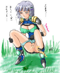 Rule 34 | 1girl, anus, black gloves, blue footwear, blue panties, blue shirt, blush, boots, braid, breasts, breath, cleavage, cleavage cutout, closed eyes, clothing cutout, covered erect nipples, gloves, grass, green shirt, grey hair, grey skirt, hair ornament, hairclip, homare (suzu no oka), large breasts, armored boots, open mouth, panties, panty pull, peeing, puddle, pussy, shirt, short hair, shoulder pads, side braid, skirt, squatting, uncensored, underwear, white background