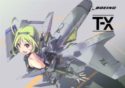 Rule 34 | 1girl, aircraft, airplane, bodysuit, boeing, cowboy shot, flying, gloves, green hair, highres, jet, looking at viewer, mecha, mecha musume, military, military vehicle, nenchi, personification, purple eyes, robot, solo, t-x chan