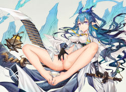 Rule 34 | 1girl, absurdres, arknights, bar censor, barefoot, blue hair, braid, censored, choko (cup), cup, feet, grin, highres, horns, ling (arknights), long hair, no panties, pee, peeing, peeing in cup, pointy ears, pussy, smile, spread pussy, toes, xo (xo17800108)