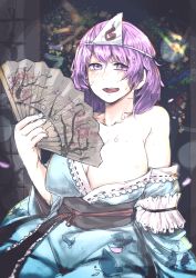Rule 34 | 1girl, blush, breasts, cleavage, colorized, dress, hand fan, full-face blush, highres, huge breasts, japanese clothes, long sleeves, looking at viewer, obi, off shoulder, open mouth, puffy sleeves, purple eyes, purple hair, saigyouji yuyuko, sash, short hair, sign (jojo1408), sign (pixiv9346582), sitting, sketch, smile, solo, sweat, touhou, triangular headpiece, wide sleeves