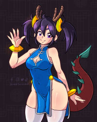 Rule 34 | 1girl, 2024, artist request, bracelet, breasts, chinese zodiac, cleavage cutout, clothing cutout, covered navel, curvy, dragon horns, dragon tail, dress, erika-chan, highres, horns, jewelry, long hair, medium breasts, midriff, navel, no panties, puffy sleeves, purple eyes, purple hair, revealing clothes, salute, shiny skin, short dress, simple background, tail, twintails, underwear, wide hips, year of the dragon