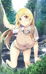Rule 34 | + +, 10s, 1girl, 2015, barefoot, blonde hair, blush, breasts, commentary request, hanging breasts, homu (seven deadly sins), large breasts, long hair, looking at viewer, panties, school uniform, shokuhou misaki, short shorts, shorts, side-tie panties, smile, solo, striped clothes, striped panties, sweater vest, symbol-shaped pupils, thighs, toaru kagaku no railgun, toaru majutsu no index, tokiwadai school uniform, unbuttoned, underwear, unusual pupils, v-neck, yellow eyes