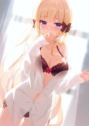 Rule 34 | 1girl, absurdres, black bow, black lingerie, blonde hair, blue eyes, blush, bow, breasts, cleavage, elf, hair bow, heiyan shenshi, highres, large breasts, lingerie, long hair, looking at viewer, pointy ears, princess connect!, saren (princess connect!), sidelocks, solo, underwear