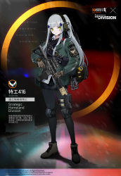 Rule 34 | 1girl, agent 416 (girls&#039; frontline), assault rifle, backpack, bag, boots, chinese commentary, chinese text, closed mouth, commentary request, crossover, emblem, english text, explosive, girls&#039; frontline, gloves, green eyes, grenade, gun, h&amp;k hk416, headphones, hk416 (girls&#039; frontline), holding, holding gun, holding weapon, jacket, knee pads, laser pointer, long hair, looking at viewer, official art, p416, pof p416, ponytail, rifle, rope, scope, shorts, silver hair, solo, standing, thighhighs, tom clancy&#039;s the division, watch, weapon, wristwatch