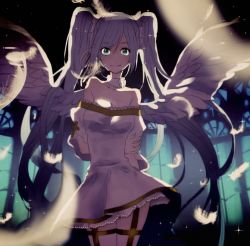 Rule 34 | 1girl, angel wings, arms behind back, bad id, bad pixiv id, bare shoulders, blue hair, cowboy shot, dress, feathers, green eyes, hatsune miku, holding own arm, long hair, siho (ricchil), solo, thighhighs, twintails, very long hair, vocaloid, wings