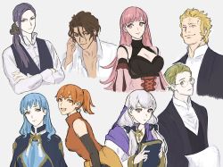 Rule 34 | 4boys, 4girls, 5plus5, alternate costume, alternate hairstyle, blonde hair, blouse, blue hair, book, bow, breasts, brown eyes, brown hair, claude von riegan, cleavage, cleavage cutout, closed eyes, clothing cutout, collared shirt, earrings, facial hair, fire emblem, fire emblem: three houses, formal, glasses, green hair, grey background, hair between eyes, hair bow, hair down, hair slicked back, highres, hilda valentine goneril, holding, holding book, hoop earrings, ignatz victor, jewelry, large breasts, leonie pinelli, long hair, lorenz hellman gloucester, lysithea von ordelia, marianne von edmund, matching hair/eyes, multiple boys, multiple girls, nintendo, open clothes, open mouth, open shirt, orange eyes, orange hair, orange shirt, pink eyes, pink hair, ponytail, purple eyes, purple hair, raphael kirsten, shirt, simple background, smile, stubble, suit, waistcoat, white hair, white shirt
