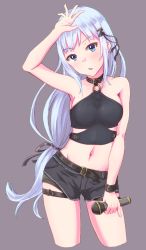 Rule 34 | 1girl, bare shoulders, blue eyes, blue hair, collar, contrapposto, crop top, halterneck, highres, idolmaster, idolmaster million live!, idolmaster million live! theater days, light blue hair, long hair, looking at viewer, low-tied long hair, microphone, midriff, navel, parted lips, shiraishi tsumugi, short shorts, shorts, shorts under shorts, simple background, solo, soujin, standing, thigh strap, very long hair