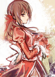Rule 34 | 1girl, bouquet, bow, chinese commentary, closed mouth, commentary request, cowboy shot, dress, expressionless, flower, garter straps, high priest (ragnarok online), holding, holding bouquet, iko 831, juliet sleeves, long hair, long sleeves, looking at viewer, looking to the side, puffy sleeves, ragnarok online, red dress, red flower, sash, solo, white bow, white sash