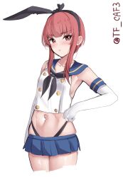 Rule 34 | 1girl, alternate costume, black hairband, black neckerchief, black panties, blue sailor collar, blue skirt, blush, brown eyes, brown hair, cosplay, cowboy shot, crop top, elbow gloves, gloves, hair between eyes, hairband, highleg, highleg panties, highres, horizontal-striped thighhighs, kantai collection, looking at viewer, microskirt, navel, neckerchief, one-hour drawing challenge, panties, sailor collar, shimakaze (kancolle), shimakaze (kancolle) (cosplay), short hair, simple background, skirt, solo, striped clothes, striped thighhighs, tf cafe, thighhighs, twitter username, underwear, white background, white gloves, z3 max schultz (kancolle)
