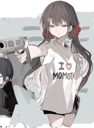 1boy 1girl 2024_summer_olympics black_shorts closed_mouth clothes_writing danganronpa_(series) danganronpa_v3:_killing_harmony english_text gun hair_ornament hair_scrunchie hairclip handgun harukawa_maki heart heart_print highres holding holding_gun holding_weapon ko1_(dkeow11) low_twintails olympics red_eyes red_scrunchie saihara_shuichi scrunchie shirt short_sleeves shorts solo solo_focus twintails weapon white_shirt