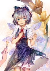Rule 34 | 1girl, absurdres, aqua eyes, blue dress, blue hair, blush, bow, cirno, dress, floral background, flower, frilled bow, frills, giving, gumi11, hair bow, hand on own chest, highres, neck ribbon, open mouth, pov, pov hands, ribbon, short hair, short sleeves, solo focus, touhou, wings