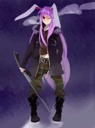 Rule 34 | 1girl, animal ears, boots, camouflage, female focus, full body, gradient background, gun, jacket, rabbit ears, reisen udongein inaba, solo, standing, touhou, weapon