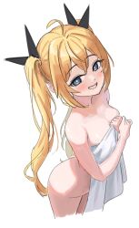 Rule 34 | 1girl, absurdres, ahoge, blonde hair, blue eyes, blush, breasts, bright pupils, clear (djmax), covering breasts, covering privates, cowboy shot, cropped legs, djmax, djmax respect, grin, hair ornament, hands up, highres, holding, holding towel, looking at viewer, nude cover, simple background, small breasts, smile, solo, syc2159, towel, white background, white pupils