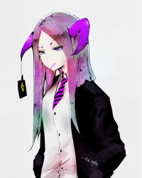Rule 34 | 1girl, absurdres, aoi ogata, artist name, buttons, candy, commentary, demon girl, demon horns, dress, dress shirt, food, hands in pockets, highres, horns, jacket, lollipop, long hair, long sleeves, mouth hold, necktie, open clothes, open jacket, original, parted bangs, price tag, purple eyes, purple hair, purple necktie, shirt, solo, striped necktie, striped neckwear
