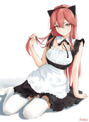 Rule 34 | 1girl, animal ears, apron, arm support, bare arms, bare shoulders, black dress, blush, cat ears, chaesu, commentary, dress, fake animal ears, hair between eyes, hand up, highres, holding, holding own hair, liliya (kaetzchen), long hair, looking at viewer, no shoes, original, pink hair, short dress, simple background, sitting, solo, thighhighs, very long hair, waist apron, white apron, white background, white thighhighs, yellow eyes, yokozuwari