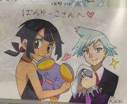 Rule 34 | + +, 1boy, 1girl, bare shoulders, black hair, blue eyes, breasts, collared shirt, creatures (company), eyelashes, game freak, gen 3 pokemon, heart, holding, holding pokemon, japanese text, looking at viewer, mayapazoo, musical note, necktie, nintendo, parted lips, photo (medium), pokemon, pokemon (creature), pokemon oras, shirt, signature, smile, sparkle, steven stone, upper body, whismur, white background, zinnia (pokemon)
