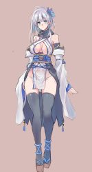 Rule 34 | 1girl, bare shoulders, beige background, black thighhighs, blue eyes, blue sash, blush, breasts, butterfly hair ornament, cleavage, closed mouth, commentary request, detached sleeves, ear piercing, earrings, flip-flops, grey scarf, hair between eyes, hair ornament, high heels, highres, japanese clothes, jewelry, large breasts, long hair, looking at viewer, mole, mole on breast, original, panties, piercing, sandals, sash, sawaya (mizukazu), scarf, silver hair, simple background, solo, standing, thighhighs, underwear, white panties, wide sleeves