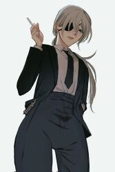 Rule 34 | 1girl, black jacket, black necktie, black pants, chainsaw man, cigarette, collared shirt, commentary, cowboy shot, eyepatch, formal, grey hair, hand in pocket, highres, holding, holding cigarette, jacket, long hair, looking at viewer, necktie, pants, ponytail, quanxi (chainsaw man), shirt, shirt tucked in, simple background, solo, sudstance, suit, suit jacket, white background, white shirt