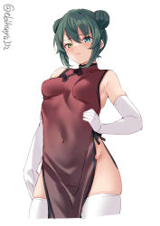Rule 34 | 1girl, alternate costume, alternate hairstyle, bare shoulders, blue eyes, blush, breasts, china dress, chinese clothes, closed mouth, covered navel, double bun, dress, ebifurya, elbow gloves, gloves, green eyes, green hair, hair bun, heterochromia, highres, kantai collection, kiso (kancolle), looking at viewer, medium breasts, one-hour drawing challenge, pelvic curtain, scar, scar across eye, scar on face, short hair, simple background, solo, standing, thighhighs, twitter username, white background, white gloves, white thighhighs
