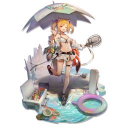 Rule 34 | 1girl, ;d, animal ears, arknights, bare legs, bare shoulders, beach umbrella, bikini, bikini skirt, black footwear, blonde hair, bottle, breasts, cleavage, cooler, fang, full body, hair ribbon, hand up, holding, huanxiang heitu, innertube, jacket, long sleeves, looking at viewer, medium breasts, microphone stand, miniskirt, navel, off shoulder, official alternate costume, official art, one eye closed, open clothes, open jacket, open mouth, red eyes, red ribbon, ribbon, sandals, shadow, short hair, skindentation, skirt, smile, solo, sora (arknights), sora (summer flowers) (arknights), standing, standing on one leg, stomach, swim ring, swimsuit, thigh strap, thighs, transparent background, twintails, umbrella, white bikini, white jacket, white skirt, wolf ears