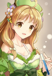 Rule 34 | 1girl, :d, ahoge, bare shoulders, blonde hair, bow, breasts, brown eyes, character request, cleavage, collarbone, copyright request, detached sleeves, flask, flower, hair flower, hair ornament, hair ribbon, hat, long hair, medium breasts, open mouth, ribbon, sakura ani, smile, solo, tress ribbon, upper body, waist bow
