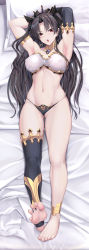 Rule 34 | 1girl, absurdres, alternate breast size, anklet, armlet, armpits, arms behind head, asymmetrical legwear, barefoot, black hair, black panties, black ribbon, black thighhighs, bra, breasts, choker, collarbone, covered erect nipples, crown, earrings, fate/grand order, fate (series), feet, gluteal fold, hair ribbon, highres, ishtar (fate), jewelry, large breasts, long hair, looking at viewer, lying, navel, o-ring, on back, open mouth, panties, parted bangs, partially visible vulva, pussy, red eyes, revealing clothes, ribbon, ruton-niki, single thighhigh, stirrup legwear, stomach, sweat, sweatdrop, thick thighs, thighhighs, thighs, thong, toeless legwear, toes, toned, twintails, two side up, underwear, uneven legwear, wet, white bra