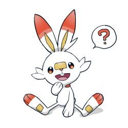 Rule 34 | :d, ?, brown eyes, commentary request, creatures (company), full body, game freak, gen 8 pokemon, highres, minato (mntnm), nintendo, no humans, open mouth, pokemon, pokemon (creature), scorbunny, simple background, sitting, smile, solo, spoken question mark, teeth, tongue, upper teeth only, white background