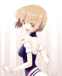 Rule 34 | 1girl, bare shoulders, bob cut, bracelet, breasts, brown hair, jewelry, looking at viewer, naporu, open mouth, orange eyes, original, short hair, small breasts, smile, solo, yellow eyes