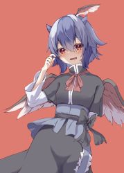 Rule 34 | 1girl, absurdres, bird wings, black dress, black ribbon, blue hair, capelet, commentary, commentary request, dress, gumi 9357, head wings, highres, horns, long sleeves, looking at viewer, multicolored hair, open mouth, red background, red eyes, red ribbon, red wings, ribbon, short hair, simple background, single head wing, solo, tokiko (touhou), touhou, two-tone hair, white hair, wide sleeves, wings