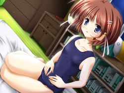 Rule 34 | 1girl, blue eyes, brown hair, game cg, hair ornament, hairclip, one-piece swimsuit, school swimsuit, short hair, solo, swimsuit