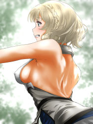 Rule 34 | 1girl, armpits, blonde hair, blush, braid, breasts, closed mouth, colorado (kancolle), covered erect nipples, floral background, highres, kantai collection, large breasts, short hair, side braids, sideboob, sleeveless, smile, solo, tama (tamago)