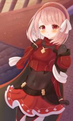 Rule 34 | 1girl, :o, arm at side, armor, black bodysuit, black cape, black gloves, blush, bodysuit, braid, breastplate, cape, chestnut mouth, covered navel, cowboy shot, dot nose, fire emblem, fire emblem engage, gloves, grey hairband, hair ribbon, hairband, hand up, highres, hinata ruzuki, lapis (fire emblem), legs together, light particles, looking at viewer, miniskirt, nintendo, open mouth, pink hair, red armor, red cape, red eyes, red hairband, red skirt, ribbon, short hair, side braid, skirt, solo, standing, swept bangs, twitter username, two-tone cape, two-tone hairband, white ribbon