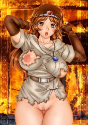 Rule 34 | 1girl, arms up, bare legs, belt, blush, bottomless, breasts, brown eyes, brown gloves, brown hair, censored, covered erect nipples, cowboy shot, druaga no tou, gloves, groin, halftone, halftone background, highres, jewelry, ki (druaga), large breasts, legs, long hair, looking at viewer, matching hair/eyes, mosaic censoring, namco, nipples, no bra, no panties, open mouth, pendant, pussy, sakuradou, simple background, solo, source request, standing, thighs, tiara, torn clothes