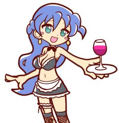 Rule 34 | 1girl, blue eyes, blue hair, bra, breasts, cleavage, cup, drinking glass, furii, long hair, maid, medium breasts, navel, plate, puyopuyo, rulue (puyopuyo), simple background, skirt, solo, standing, underwear, white background, wine glass