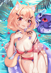 Rule 34 | 1girl, :p, animal, animal ears, artist name, bare shoulders, barefoot, bikini, blonde hair, blush, breasts, cat ears, cat girl, cat tail, cleavage, closed eyes, collarbone, commentary, cyclops, english commentary, food, frilled bikini, frills, highres, holding, holding food, inflatable armbands, innertube, looking at viewer, medium breasts, navel, octopus, one-eyed, polka dot, polka dot bikini, popsicle, red bikini, shyrei faolan, sitting, smile, soles, solo, squchan, swim ring, swimsuit, tail, tongue, tongue out, virtual youtuber, vyugen, wariza, water, water drop, watermark, web address